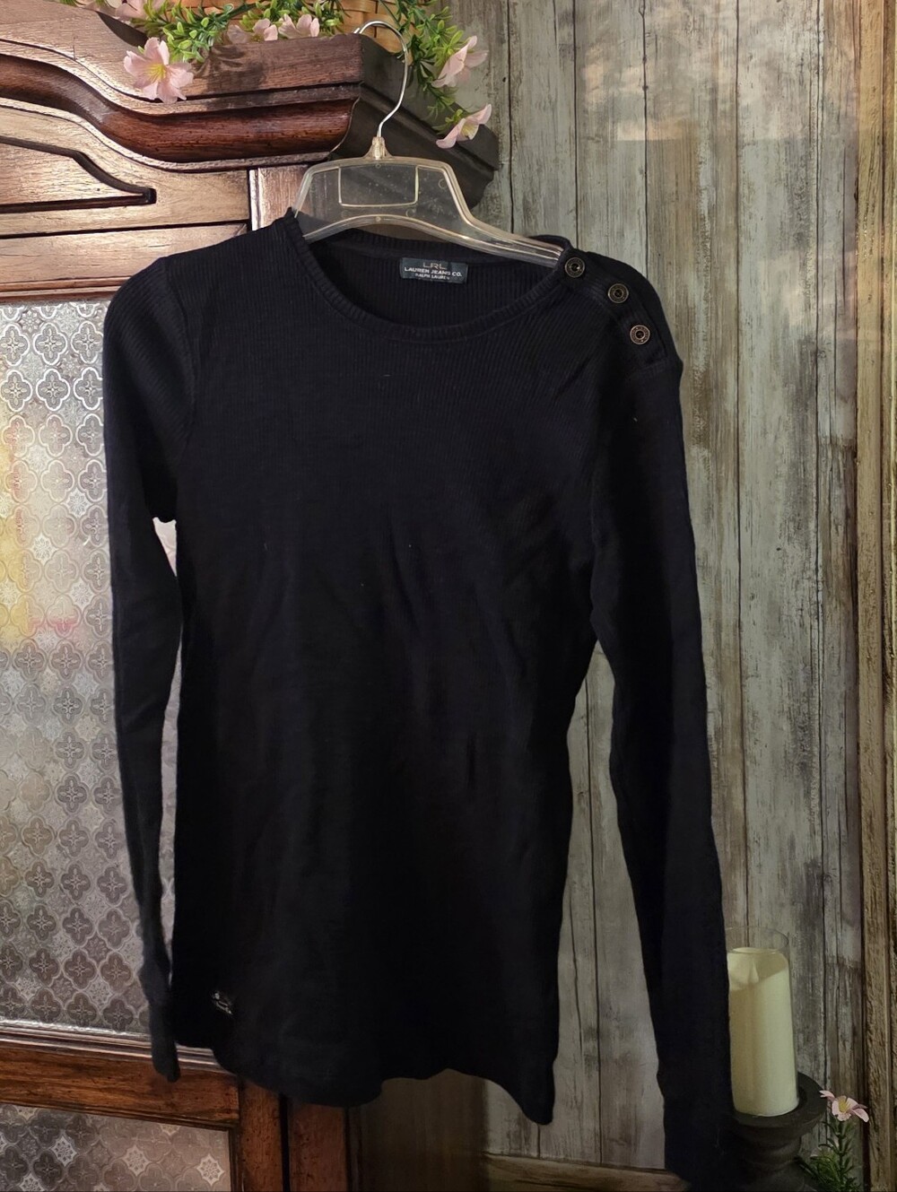 LRL Ralph Lauren Black Crewneck Button-Shoulder Sweater (M)
